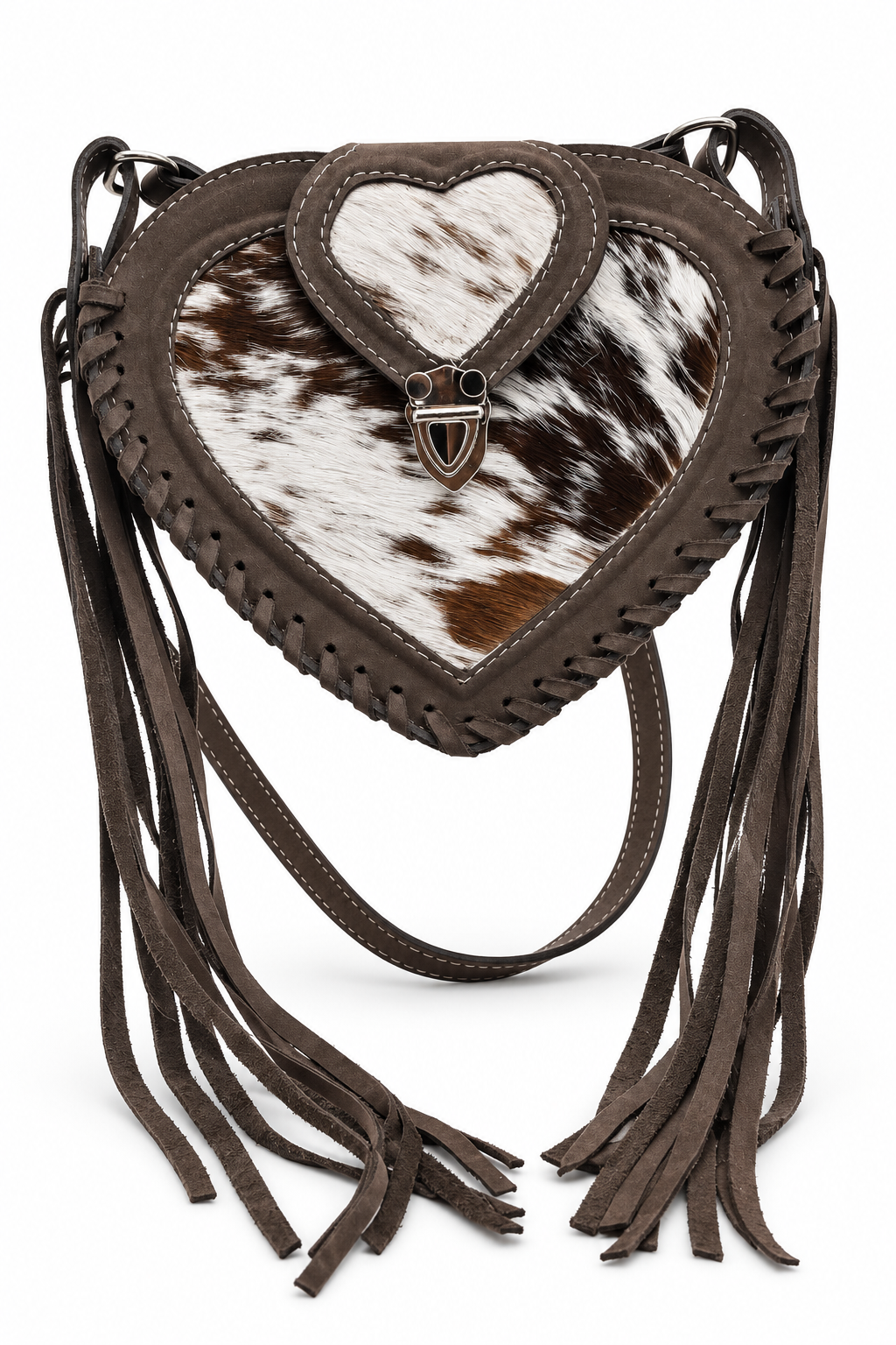 Taupe Heart – Hair-on Cowhide Leather Fringe Crossbody Bag