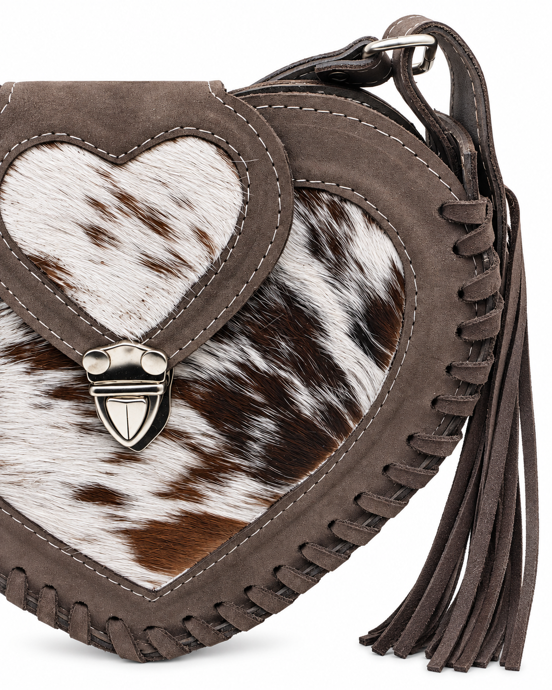 Taupe Heart – Hair-on Cowhide Leather Fringe Crossbody Bag