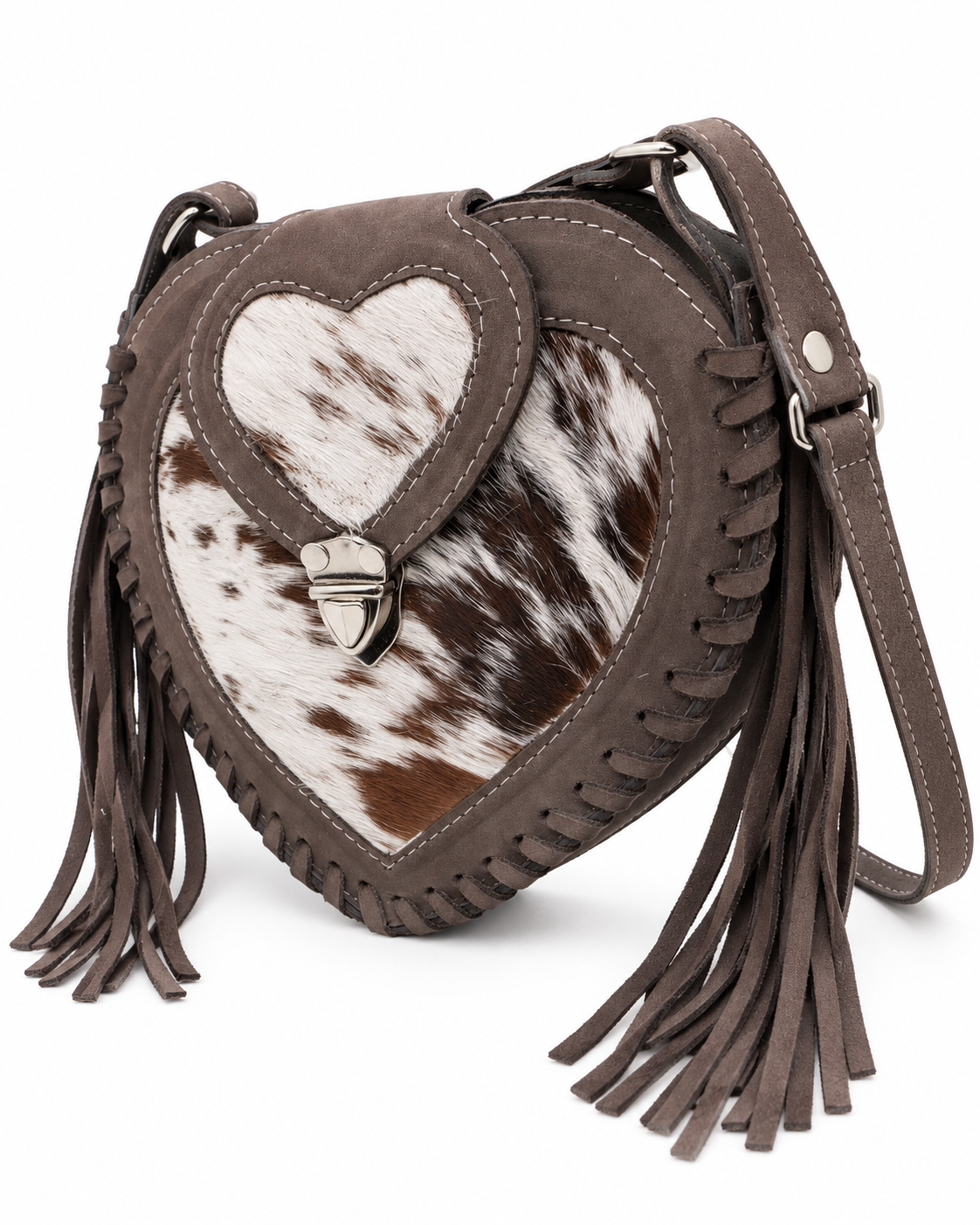 Taupe Heart – Hair-on Cowhide Leather Fringe Crossbody Bag